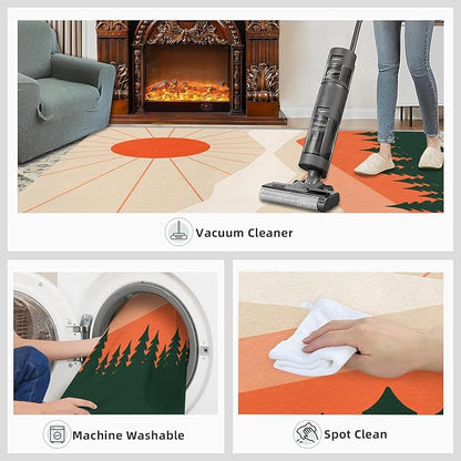 Boho Sun Area Rugs 6x8ft, Minimalist Mountain Living Room Area Rug, Abstraction Deco Play Rug with Carpet Tape Double Sided for Bedroom Office Home Decor