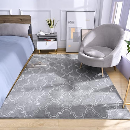 Amearea Fluffy Indoor Area Rug, Soft Trellis Moroccan Rugs for Bedroom, Shag Modern Area Rug for Living Room Kids Room Nursery, Easy Clean, Home Decor Low Pile Carpet, Light Gray 6x9 Feet