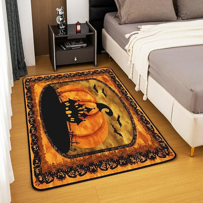 Halloween Pumpkin 3 x 5 Area Rug Spooky Haunted House Rugs for Living Room | Vintage Gothic Washable Rug, Castle Silhouette Carpet Indoor Floor Mat,Bats Halloween Decoration