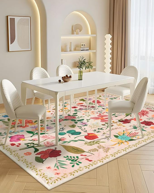Boho Washable Area Rug 5x7 – Floral Low Pile Non-Slip Carpet for Living Room, Bedroom, Office, Playroom, Entryway, Kitchen, Dining Room (Beige)