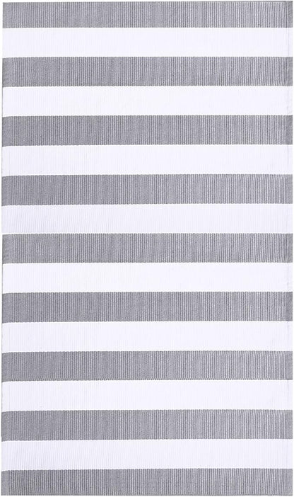 KOZYFLY Grey and White Striped Rug 4'x6' Indoor Outdoor Rug Cotton Hand-Woven Washable Striped Layered Doormats for Front Door/Kitchen/Farmhouse/Entryway/Patio