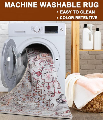Washable Area Rugs 5x7, Beige Vintage Rugs-Low Pile Carpet, Non-Slip Distressed Printed Patterns Rugs for Bedroom, Living Room, Dining Room, Beige