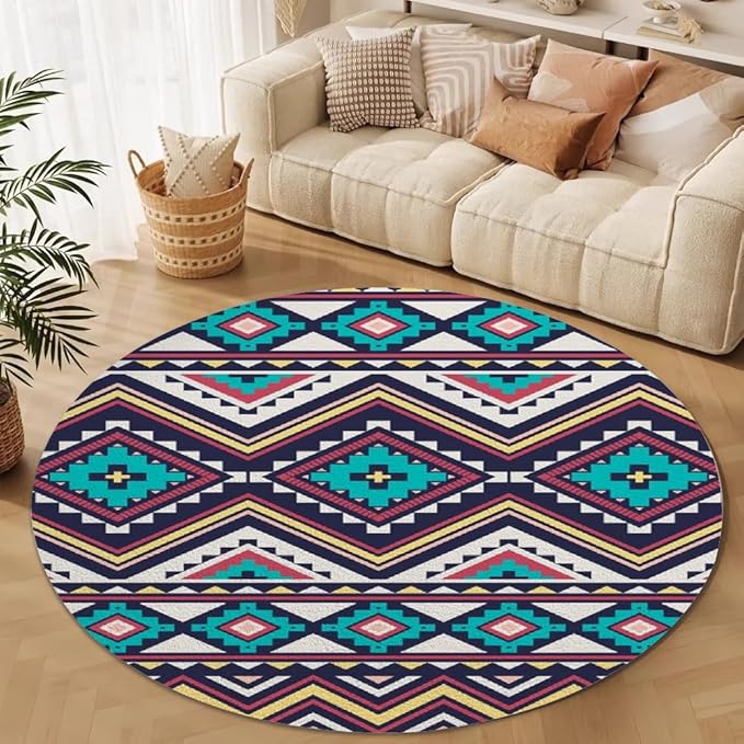 Native Tribal Geometry Round Rug Vintage Blue White Living Room Bedroom Area Rug Non Slip Soft Low Pile Washable Indoor Floor Carpet for Dining Room Kitchen Office Entryway 6ft
