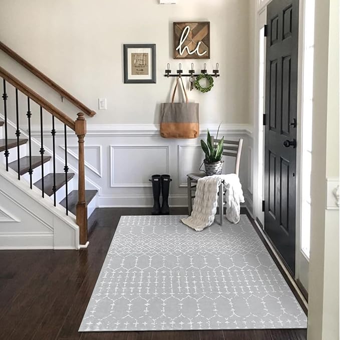 Lahome Moroccan Washable Living Room Area Rug 3x5 Small Rugs for Bedroom Throw Non-Slip Low-Pile Entryway Rug Kitchen Rugs Soft Grey Distressed Capet for Office Bathroom Laundry Room Dining Room