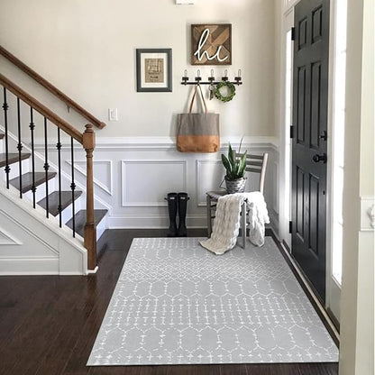 Lahome Moroccan Washable Living Room Area Rug 3x5 Small Rugs for Bedroom Throw Non-Slip Low-Pile Entryway Rug Kitchen Rugs Soft Grey Distressed Capet for Office Bathroom Laundry Room Dining Room