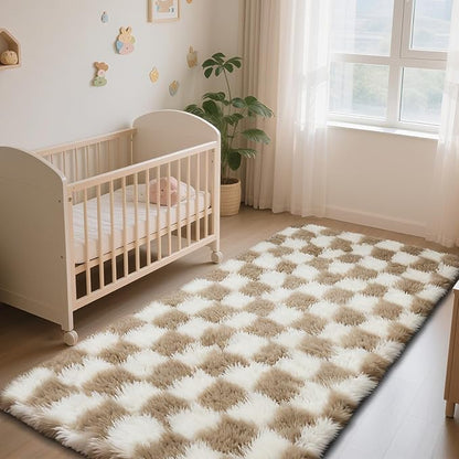 Checkered Rug for Bedroom, 3x7 Beige and White Area Rugs, Classic Checkered Carpets Shaggy Area Rug, Bedside Rugs for Living Room Bedroom Kids Room Home Decor