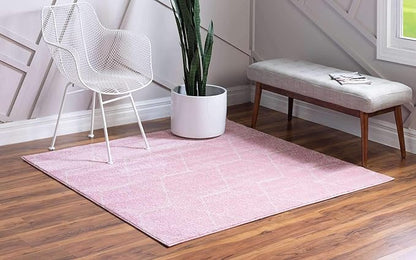 Unique Loom Trellis Frieze Collection Area Rug - Geometric (7' 10" Square, Light Pink/ Ivory)