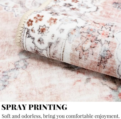 MUJOO Boho Area Rug 3'x5' Machine Washable, Pink Small Non Slip Area Rugs for Entryway Bedroom Bedside Kitchen Hallway Living Room Laundry Room Indoor Mat Soft Low-Pile Floral.