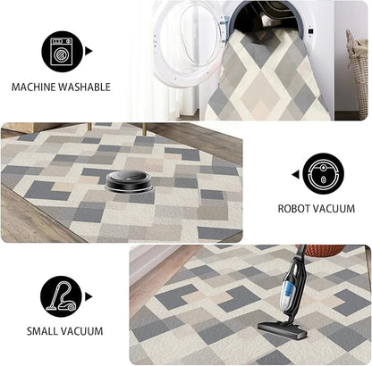 Modern Area Rug Living Room Rugs 7x10, Minimalist Soft Boho Geometric Rug, Non-Slip Washable Low Pile Non Shedding Carpet for Bedroom Office Dining Room Kitchen Nursery, Gray Beige White