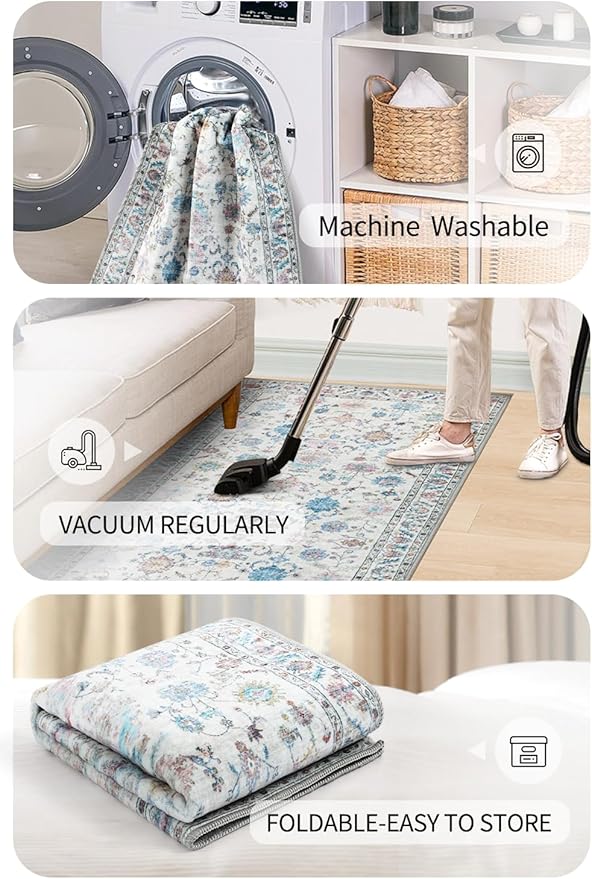 COMSLE Runner Rug, 2x6 Washable Area Rugs for Hallway Faux Wool Small Throw Rug Distressed Kitchen Non-Slip Laundry Room Carpet Boho Runner for Entryway Indoor Door Mat Bedroom Pink Floral
