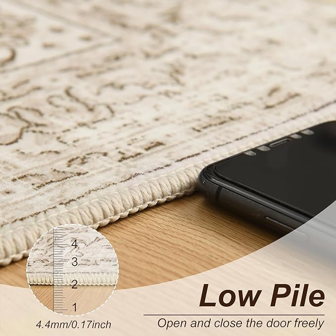 XWZO Washable Hallway Runner Rug 2x8ft — Non-Slip Low Pile Area Rug with Rubber Backing, Spill Resistant Soft Vintage Floor Carpet Runner for Kitchen Entryway Doorway Bedroom Corridor, Beige