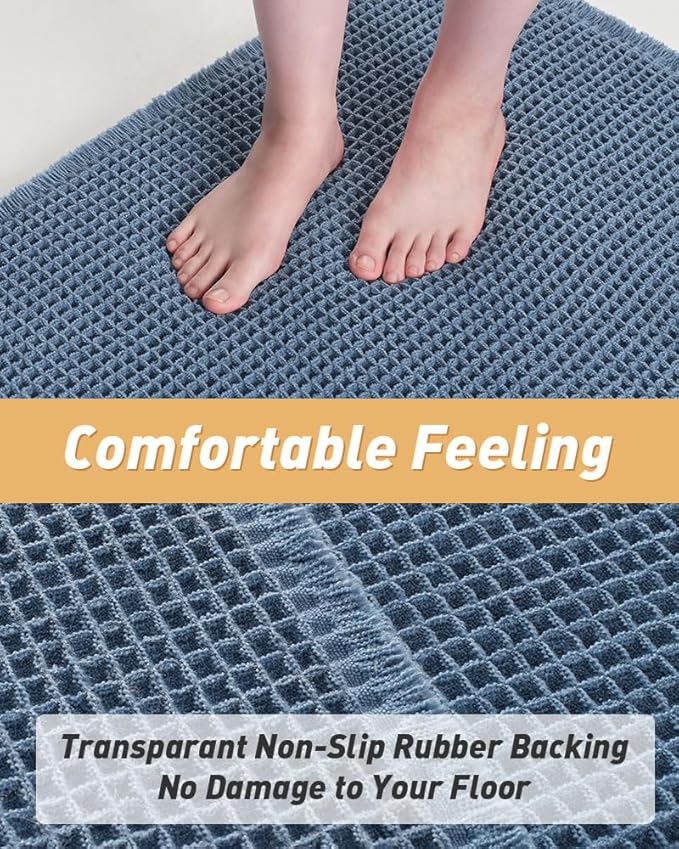 AMOAMI Upgraded Waffle Bath Mat, Super Absorbent Non Slip Bath Mats for Bathroom Floor, Machine Washable Bathroom Rugs with Tassels, Rubber Backed Bathroom Mats, Ultra Soft, 18" x 30", Blue