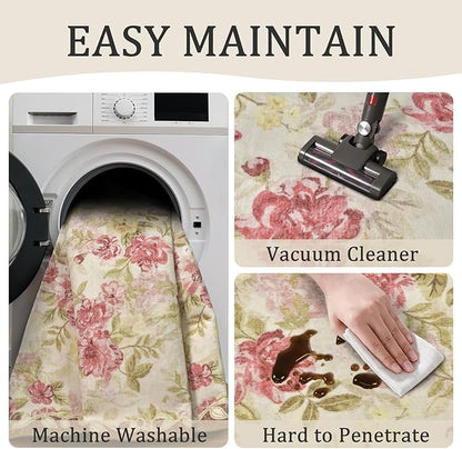 2'6''x8' Machine Washable Runner Rug, Kitchen Hallway Area Rug Pink Vintage Boho Floral Ultra Non-Slip Low Pile Soft Faux Wool Carpet, Kids and Pets Friendly for Bedroom Entryway Nursery Decor Rug