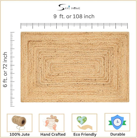 Hand Woven Farmhouse Jute Area Rug 6x9 Ft Rectuangle Natural Yarn, Rustic Vintage Beige Braided Reversible Rug, Eco Friendly Rugs for Bedroom, Kitchen, Living Room, Farmhouse 100% Jute Rug - Natural