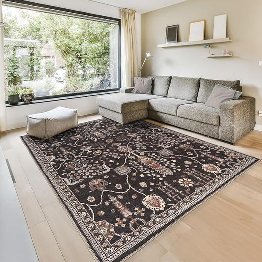 GLN Rugs Traditional Collection - Machine Washable Area Rug, Traditional Washable, Non Slip, Low Pile Chenille Rug, Living Room, Bedroom, Kitchen Rug (9' x 12' Black)