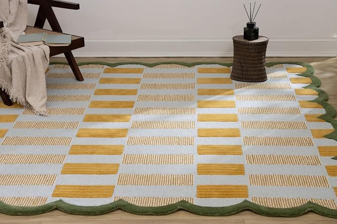 Hand-Tufted Wool Rug with Scalloped Edges, Light Blue Plaid Pattern, Cozy Soft Area Rug for Living Room, Bedroom, and Nursery, Handmade Modern Accent Rug, 2.5x12 Ft (Runner)