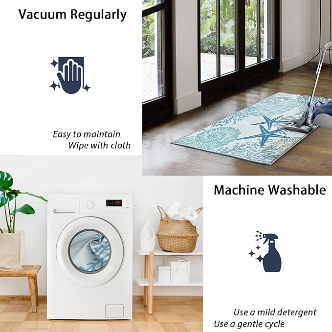 Tritard Coastal Area Rug 2x3 - Small Machine Washable Foldable Throw Rugs Non-Slip Beach Ocean Entryway Doormat Indoor Entrance Carpet for Kitchen Bathroom Laundry Bedroom Living Room, Blue