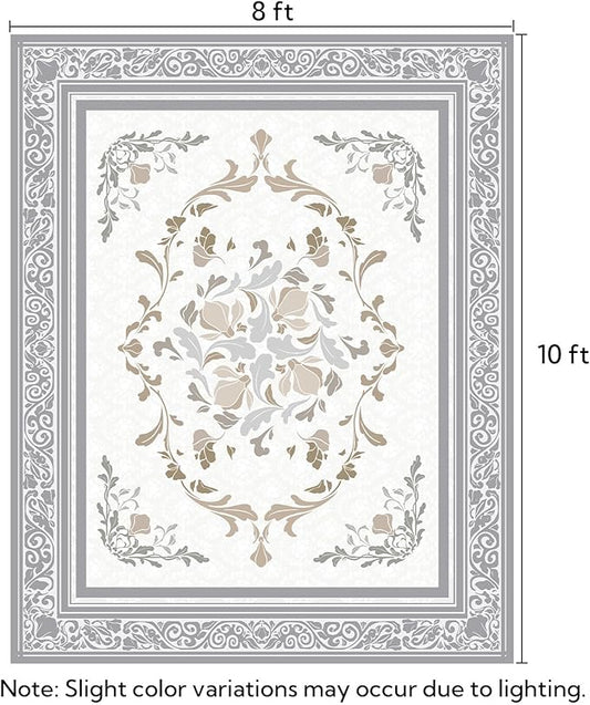 SOULFUL Medium Pile 8x10 Rugs for Living Room - Cozy Soft Underfoot Large Area Rug - Light Taupe Boho Floral - Washable Non-Slip - Perfect for Bedroom Kids Room Under Dining Table Office
