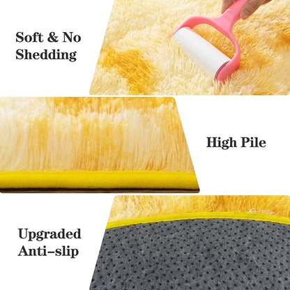 Soft Fluffy Area Rug for Bedroom, Fuzzy Shaggy Oval Throw Rugs for Bedside, Non-Slip Cozy Plush Shag Carpet for Kids Room Nursery Dorm Living Room, Tie Dye Yellow, 2.6 x 5.3 Feet, 2 Packs