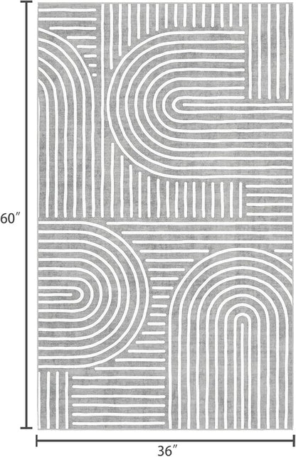 3x5 Washable Area Rug - Small Entryway Rug Non-Slip Grey Abstract Rainbow Kitchen Rugs Modern Boho Carpet Throw Rugs for Living Room Bedroom Bathroom Dorm Nursery Room Home Decor