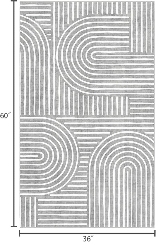 3x5 Washable Area Rug - Small Entryway Rug Non-Slip Grey Abstract Rainbow Kitchen Rugs Modern Boho Carpet Throw Rugs for Living Room Bedroom Bathroom Dorm Nursery Room Home Decor