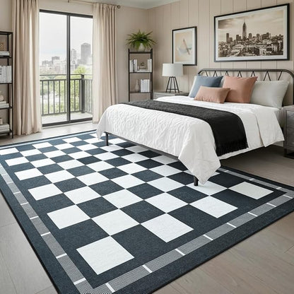 Vasofe Checkered Jute 6x9 Area Rugs, Washable Outdoor Patio Rug for Living Room Entrance Indoor Carpet, Non Slip Farmhouse Neutral Geometric Rugs for Bedroom Dining Room Backyard, Black and White