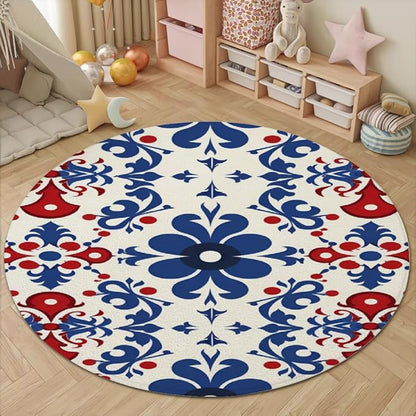 Vintage Blue Flowers Washable Round Rugs Oriental Tribal Floral Circle Rugs for Living Room Entryway Round Area Rug Soft Non Slip Nursery Carpet for Bedroom Dining Coffee Table 4ft