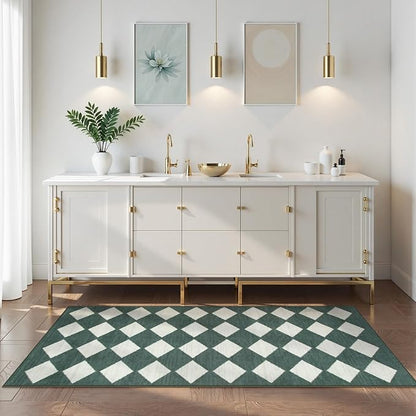 Lahome Checkered Washable 2x6 Green Runners for Hallways Non Slip, Ultra-Thin Kitchen Bathroom Runner Rugs, Moroccan Trellis Throw Carpet Runner for Bedroom Entryway Decor (2'x6',Dark Green)