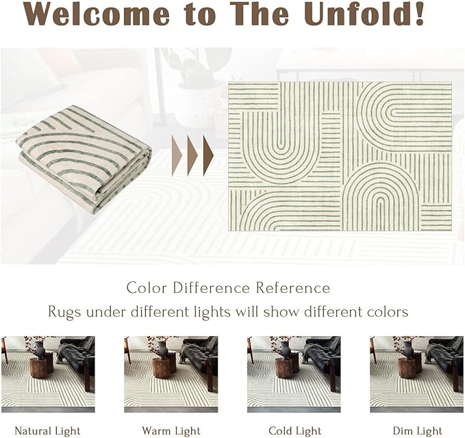 Washable 4x6 Area Rug - Boho Living Room Rug Soft Modern Rugs for Bedroom Ultra-Thin Sage Green Abstract Rainbow Dining Room Rugs Indoor Carpet for Living Room Nursery Room
