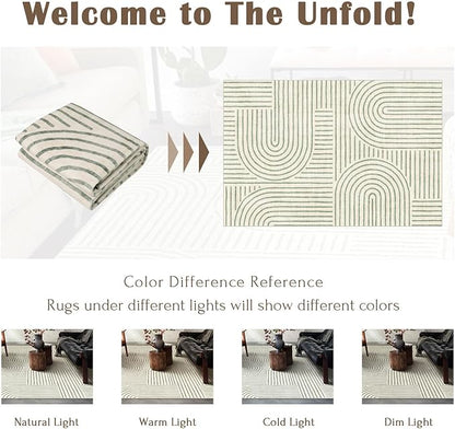 Washable 4x6 Area Rug - Boho Living Room Rug Soft Modern Rugs for Bedroom Ultra-Thin Sage Green Abstract Rainbow Dining Room Rugs Indoor Carpet for Living Room Nursery Room