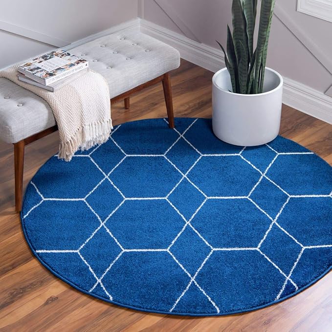 Unique Loom Trellis Frieze Collection Area Rug - Geometric (4' 1" Round, Navy Blue/ Ivory)