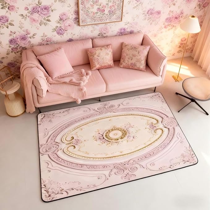 Light Pink Large Area Rug 5x7 Antique Decor Boho Floral Living Room Rug | Bohemian Flowers Rugs for Bedroom, Minimalist Damask Victorian Carpet Indoor Floor Mat