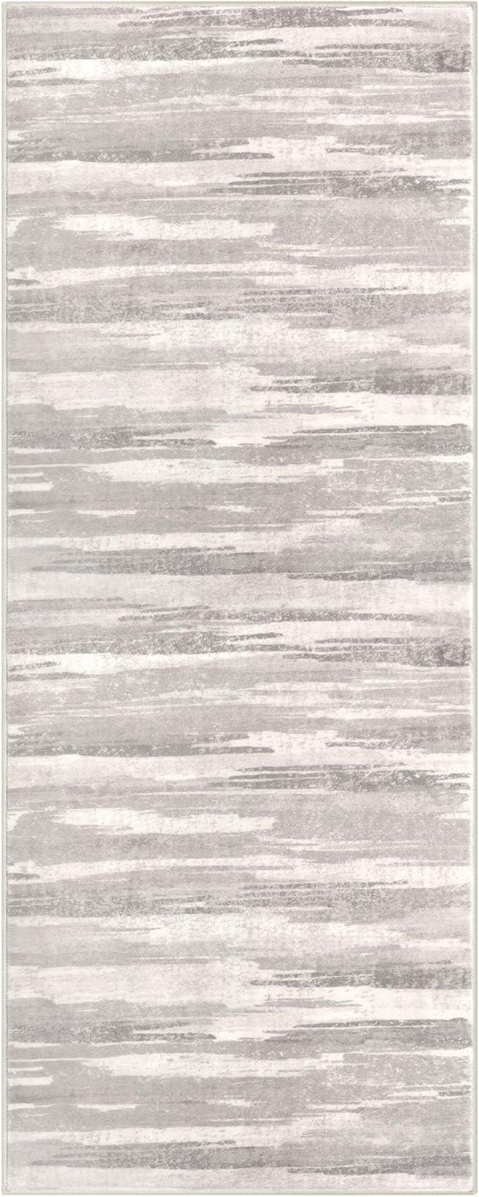 Modern Abstract Runner Rug 2x5, Neutral Light Beige and Grey Washable Entryway Kitchen Non-Slip Soft Hallway Runner Thin Print Faux Wool Carpet for Bedroom Laundry Room Indoor