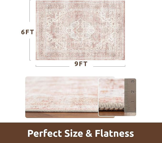 AMOAMI-Area Rug 6X9 Rugs for Living Room-Vintage Soft Pink Rugs for Bedroom-Non Slip Carpet-Machine Washable Rug for Dining Room Living Room Bedroom Office Under Table