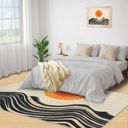 Boho Sun Area Rugs 8x10ft, Watercolor Mountain Area Rug for Living Room, Abstraction Deco Modern Rug with Double Sided Carpet Tape for Bedroom Men Room Decor