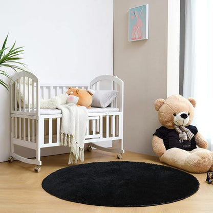 duduta Black Fluffy Round Rug 4x4 ft, Shag Fuzzy Plush Circle Throw Rug for Nursery Bedroom Living Room Home Decor
