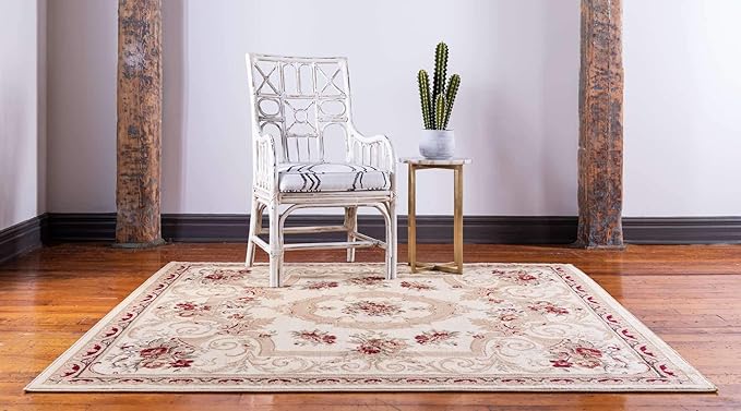 Unique Loom Versailles Collection Traditional Classic Floral Motif Area Rug (6' 0 x 6' 0 Square, Ivory/ Tan)