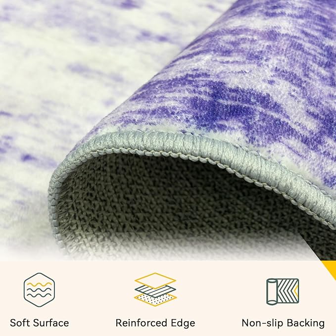 Washable Area Rugs 2'x10' Non-Slip Modern Abstract Soft for Living Room Entryway Bedroom Nursery, Print Pattern, Purple Gray Pink White