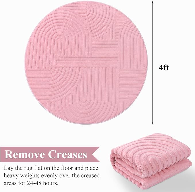 Pauwer 4ft Washable Area Rugs for Living Room Modern Pink Solid Color Soft Fluffy Rugs for Bedroom Non Slip Boho Accent Indoor Mat Floor Carpet Cover for Kids Room Dining Room Kitchen Office, Pink