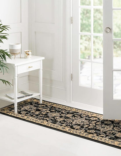 Rugs.com Yasmin Collection Rug – 16 Ft Runner Black Medium Rug Perfect for Hallways, Entryways