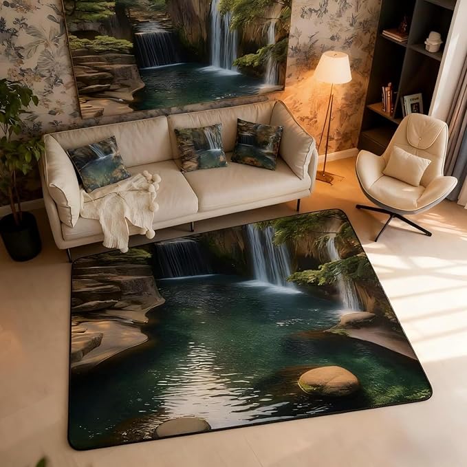 Waterfall Large Area Rug 5x7 Lake Cascade Scenery Living Room Rug | Chic Nature Art Mountain Rock Rugs for Bedroom, Sault Landscape Carpet Indoor Floor Mat