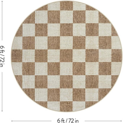LIVEBOX Checkered Round Rug 6 Ft Washable Area Rug for Playroom, Kids Non-Slip Neutral Classic Circle Rug Geometric Large Carpet Soft Boys Rug for Classroom Dorm Bedroom(Brown,180R)