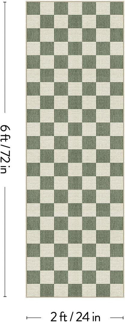 LIVEBOX Washable Runner Rug Checkered, 2x6 Green Runner Rugs for Hallway, Non-Slip Kitchen Runners, Farmhouse Neutral Classic Geometric for Hallways, Entryway, Bedroom, Bathroom(Green 2'x6')