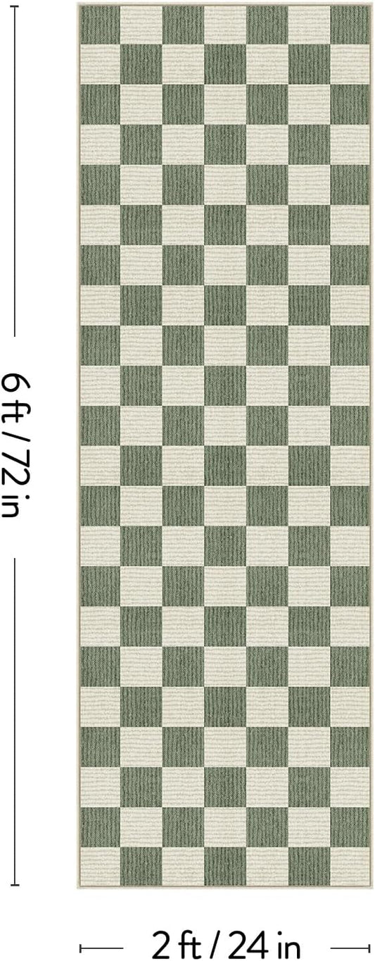 LIVEBOX Washable Runner Rug Checkered, 2x6 Green Runner Rugs for Hallway, Non-Slip Kitchen Runners, Farmhouse Neutral Classic Geometric for Hallways, Entryway, Bedroom, Bathroom(Green 2'x6')