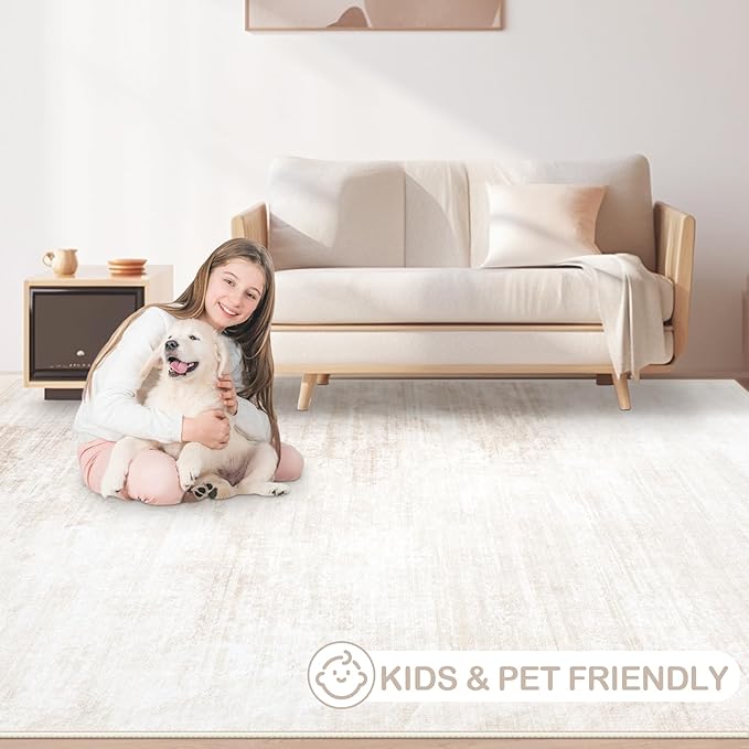 Area Rug 3x5 Washable Rug: Living Room Modern Abstract Rug Soft Non Slip Neutral Rugs Stain Resistant Small Rug Indoor Door Mat for Bedroom Kitchen Nursery Hallway Entryway Office(Beige,3'x5')
