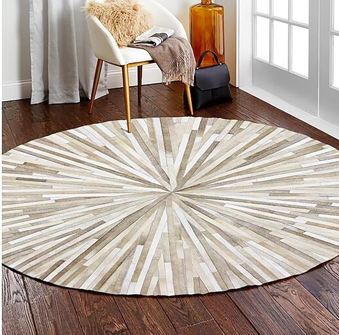 Faux Cowhide Round Area Rug | Non-Slip Leather Floor Carpet for Living Room, Bedroom, and Home Décor | Modern Stylish Accent Rug(Beige_7x7)
