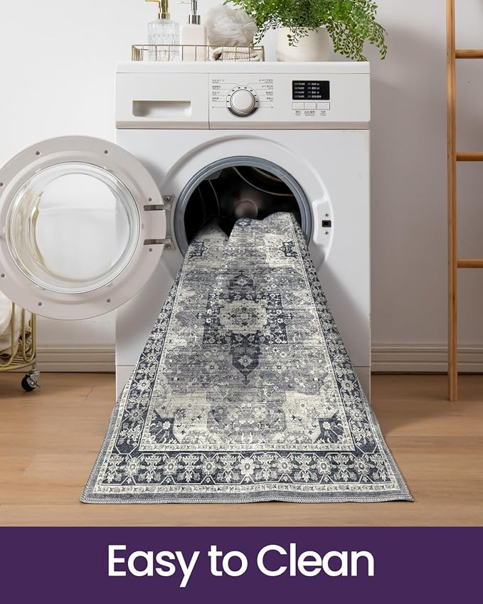 DEXI Hallway Runner Rug 3x7, Distressed Non Slip Runners Carpet, Boho Vintage Soft Thin Indoor Rug, Stain Resistant Washable Entry Mat for Entryway Kitchen Laundry Room Living Room, Blue Grey