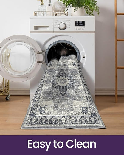 DEXI Hallway Runner Rug 3x10, Distressed Non Slip Runners Carpet, Boho Vintage Soft Thin Indoor Rug, Stain Resistant Washable Entry Mat for Entryway Kitchen Laundry Room Living Room, Blue Grey