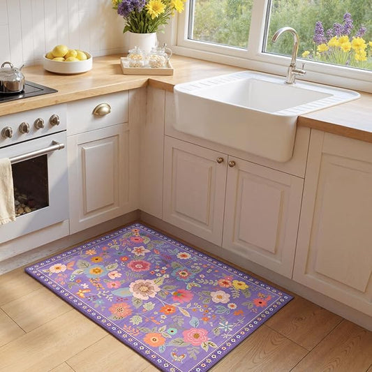 Floral 2x3 Area Rug Machine Washable Soft Print Boho Carpet Non Slip Doormat Low Pile Flower Area Rugs for Living Room Bedroom Nursery Kitchen Dining Room Indoor-Purple/Pink/Multi