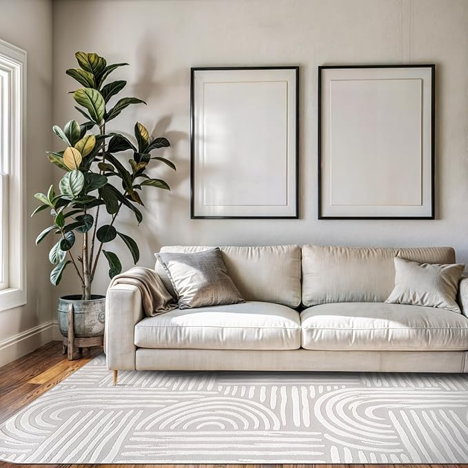 Beverly Rug Modern Geometric Area Rug 5x7 Low-High Pile Durable Soft Abstract Curved Indoor Rugs for Living Dining Room Office Stain Resistant Non Shedding Casual Indoor Carpet Beige White 5 x 7